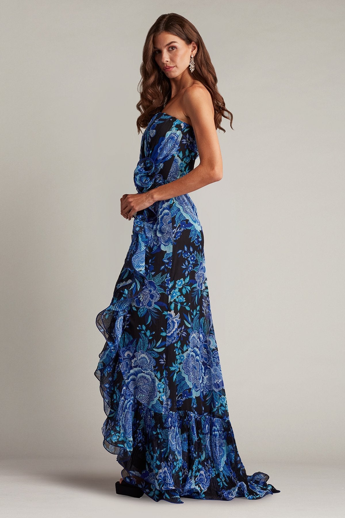 Prom Dresses Floral Printed Formal Long Slit Prom Pleated Ruffle Dress Black Blue Floral