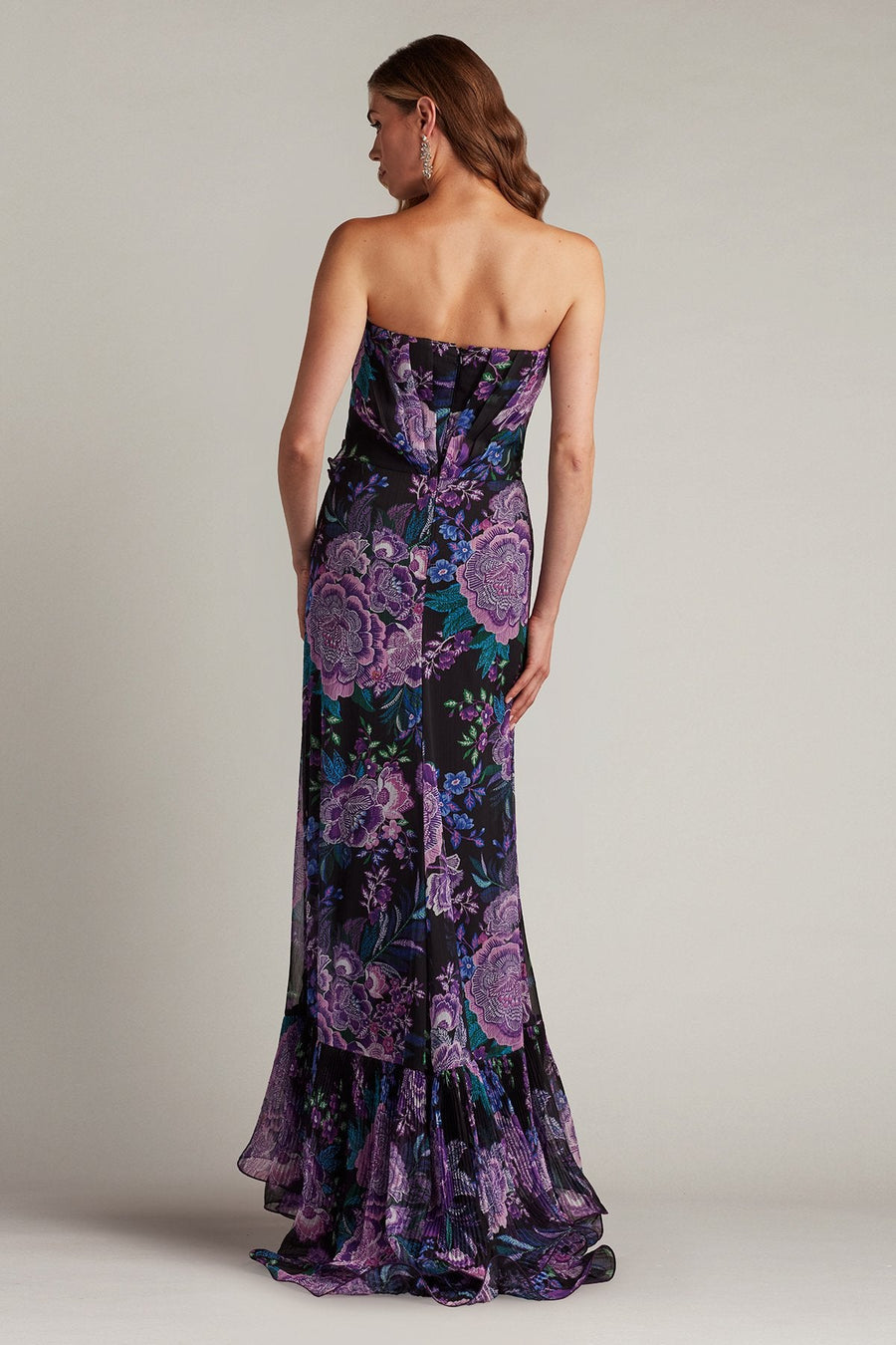 Prom Dresses Floral Printed Formal Long Slit Prom Pleated Ruffle Dress Black Purple Floral