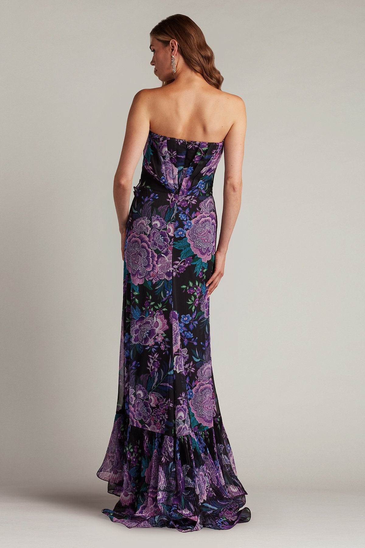 Prom Dresses Floral Printed Formal Long Slit Prom Pleated Ruffle Dress Black Purple Floral