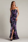 Prom Dresses Floral Printed Formal Long Slit Prom Pleated Ruffle Dress Black Purple Floral