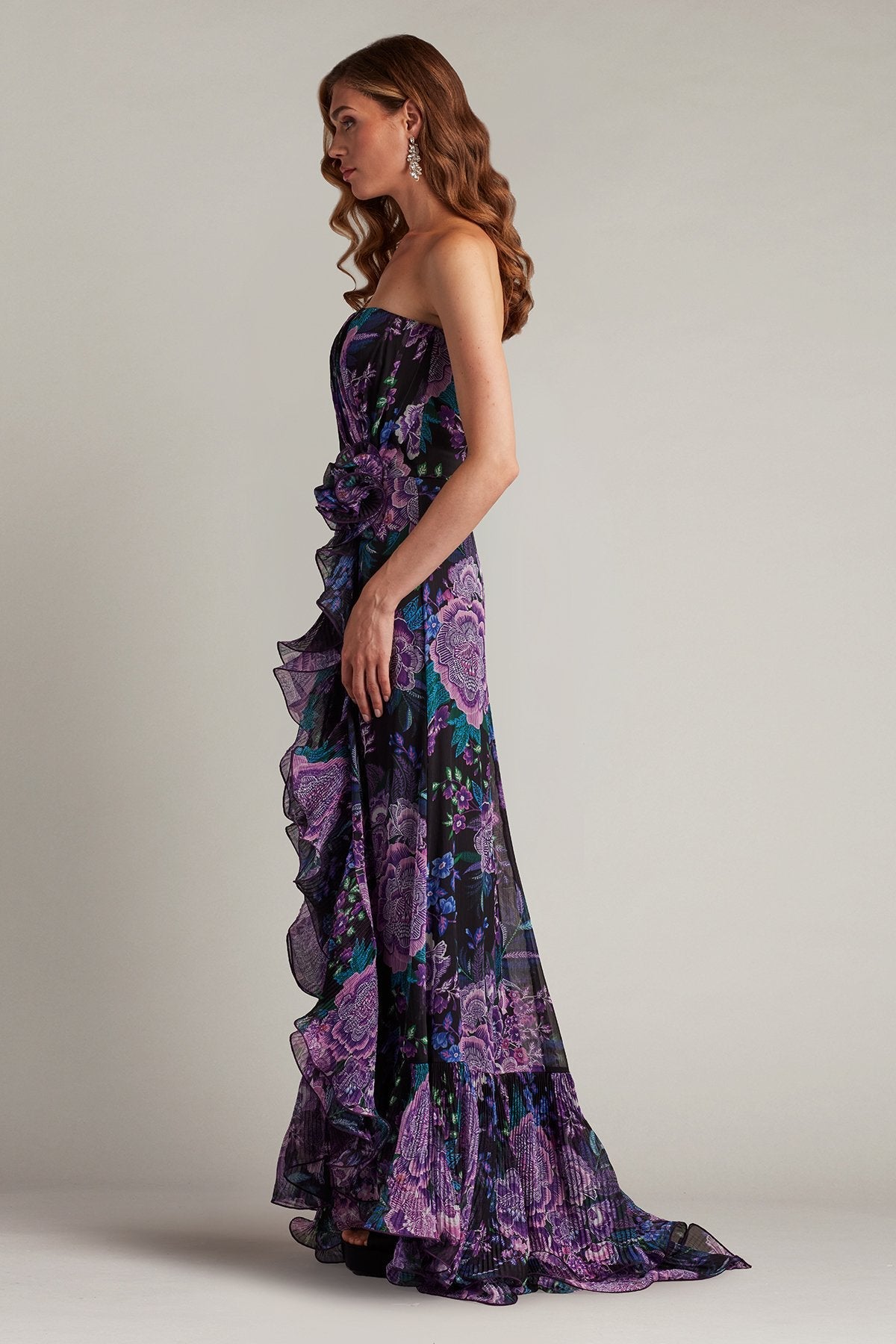 Prom Dresses Floral Printed Formal Long Slit Prom Pleated Ruffle Dress Black Purple Floral