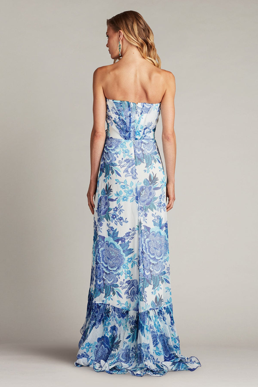 Prom Dresses Floral Printed Formal Long Slit Prom Pleated Ruffle Dress White Blue Floral