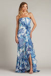 Prom Dresses Floral Printed Formal Long Slit Prom Pleated Ruffle Dress White Blue Floral