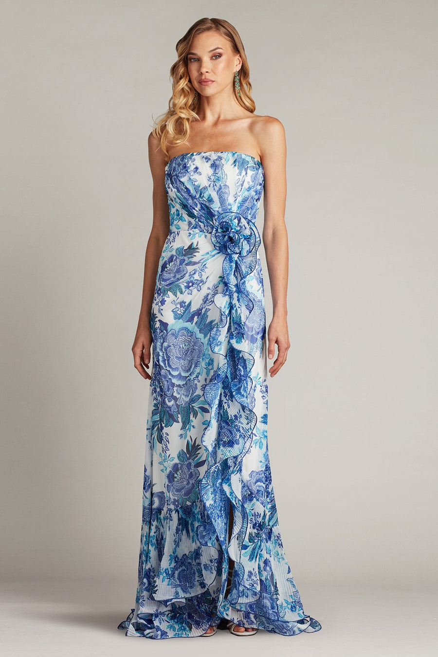 Prom Dresses Floral Printed Formal Long Slit Prom Pleated Ruffle Dress White Blue Floral