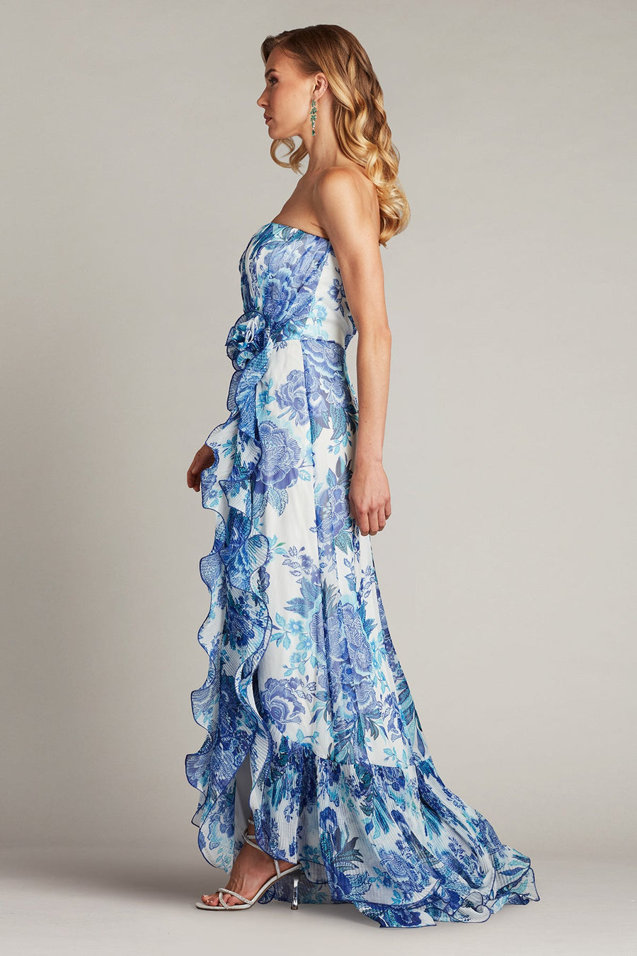Prom Dresses Floral Printed Formal Long Slit Prom Pleated Ruffle Dress White Blue Floral