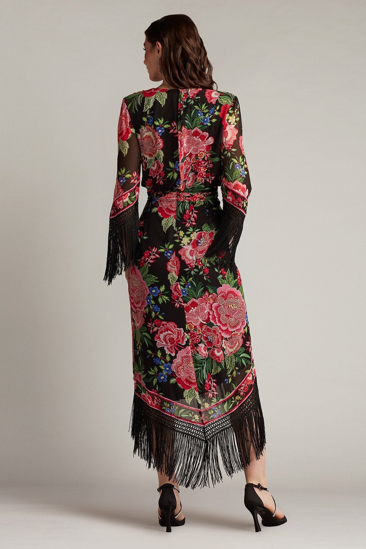 Formal Dresses Midi Length Fringe Cocktail Dress Black Fuchsia Floral