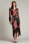 Formal Dresses Midi Length Fringe Cocktail Dress Black Fuchsia Floral