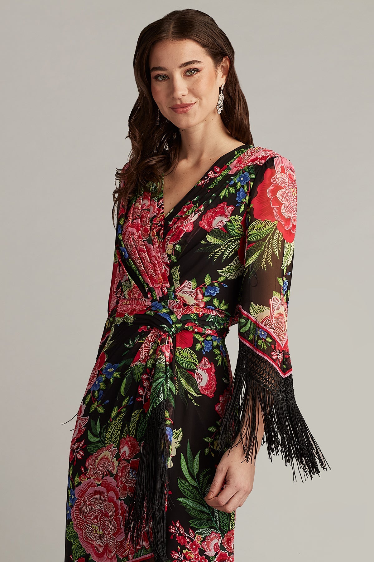 Formal Dresses Midi Length Fringe Cocktail Dress Black Fuchsia Floral