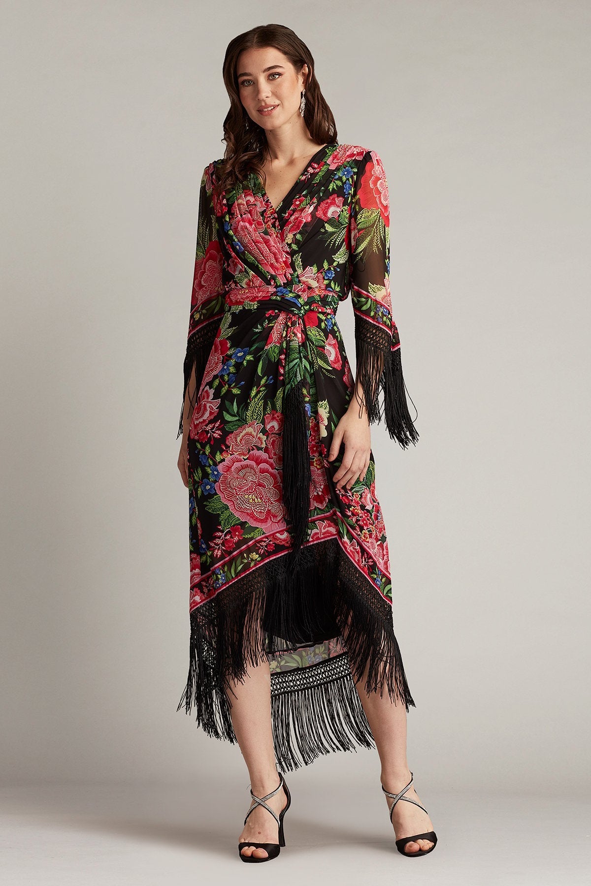 Formal Dresses Midi Length Fringe Cocktail Dress Black Fuchsia Floral