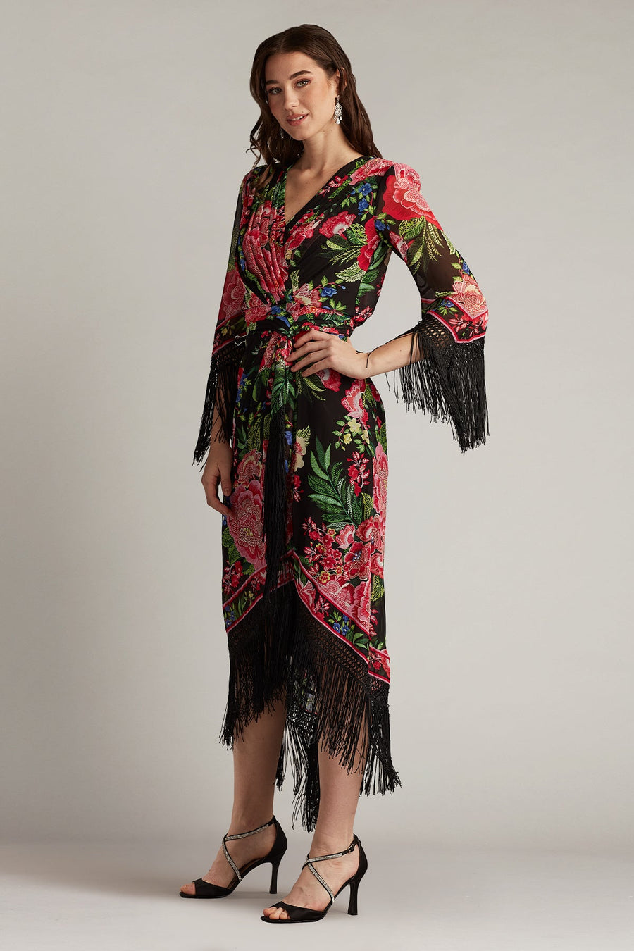 Formal Dresses Midi Length Fringe Cocktail Dress Black Fuchsia Floral