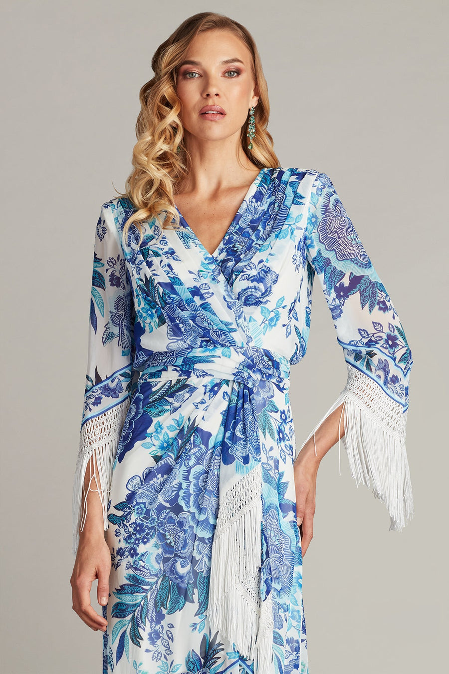 Formal Dresses Midi Length Fringe Cocktail Dress White Blue Floral