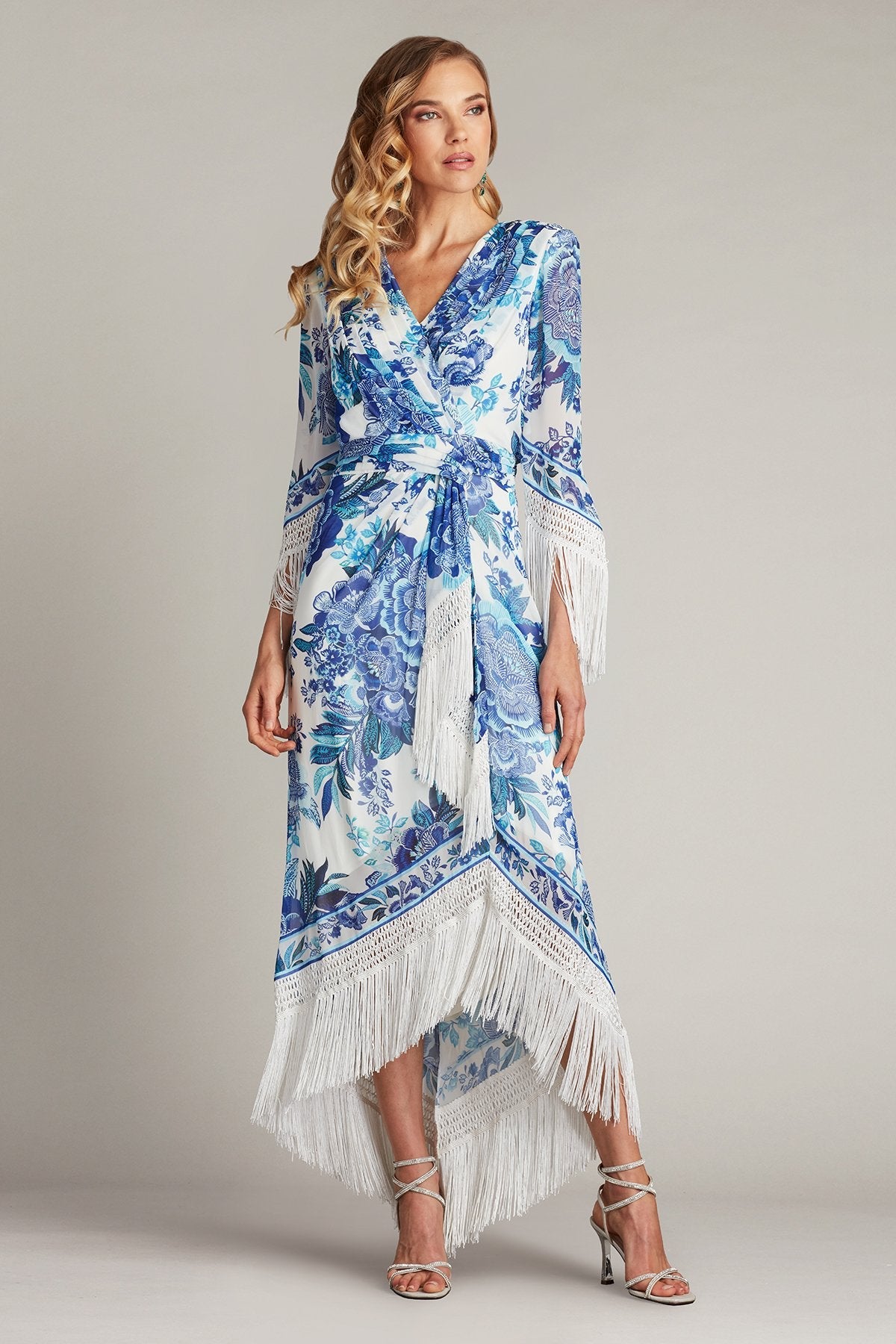 Formal Dresses Midi Length Fringe Cocktail Dress White Blue Floral