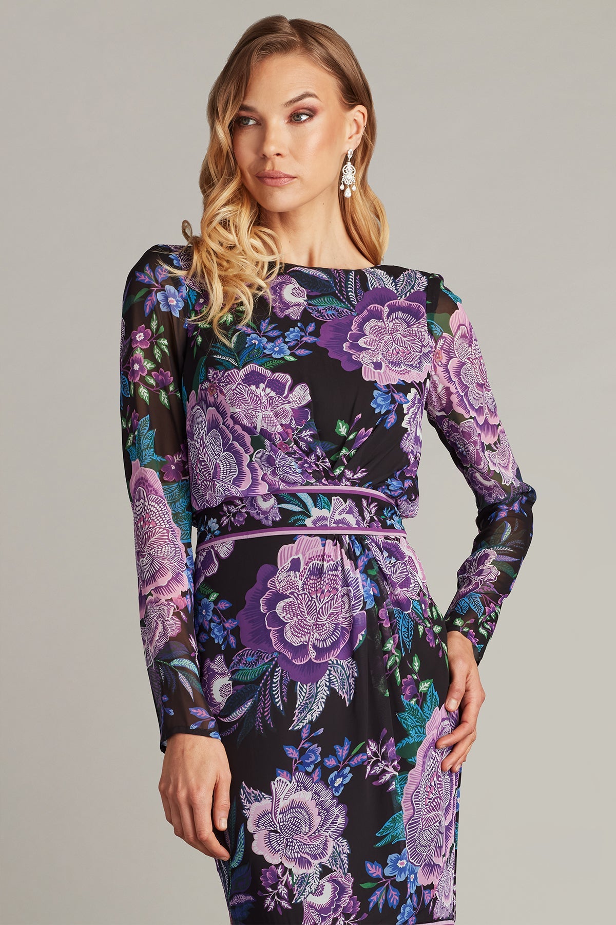 Cocktail Dresses Midi Length Fringe Floral Fitted Cocktail Dress Black Purple Floral