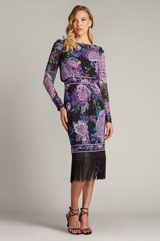 Cocktail Dresses Midi Length Fringe Floral Fitted Cocktail Dress Black Purple Floral