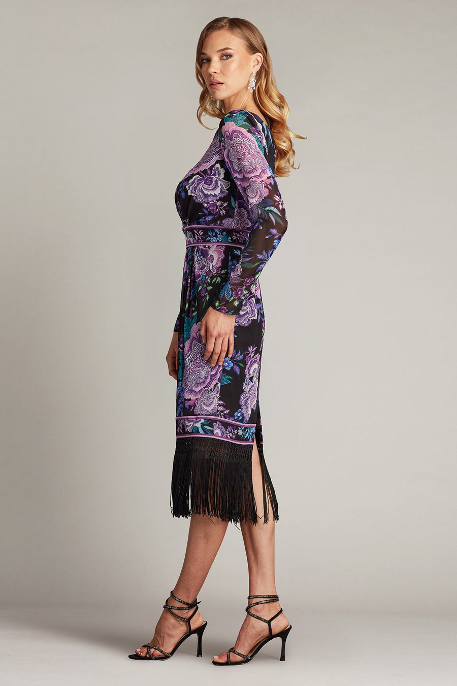 Cocktail Dresses Midi Length Fringe Floral Fitted Cocktail Dress Black Purple Floral