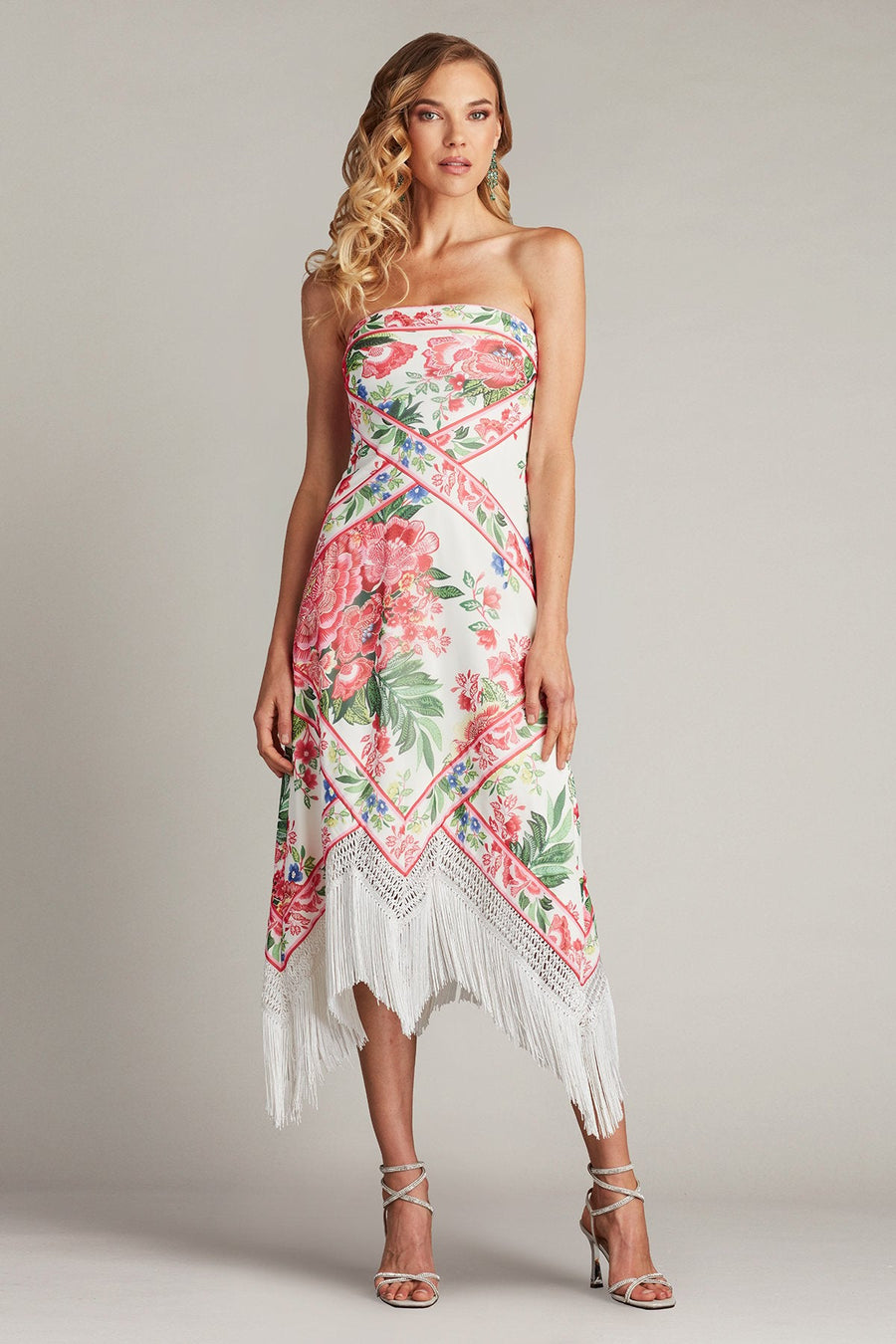Cocktail Dresses Floral Fringe Midi Length Printed Cocktail Dress White Fuchsia Floral