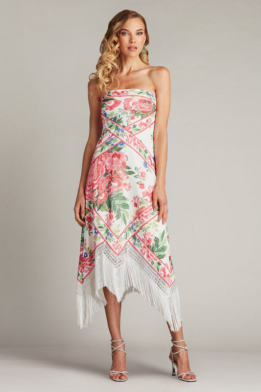 Cocktail Dresses Floral Fringe Midi Length Printed Cocktail Dress White Fuchsia Floral