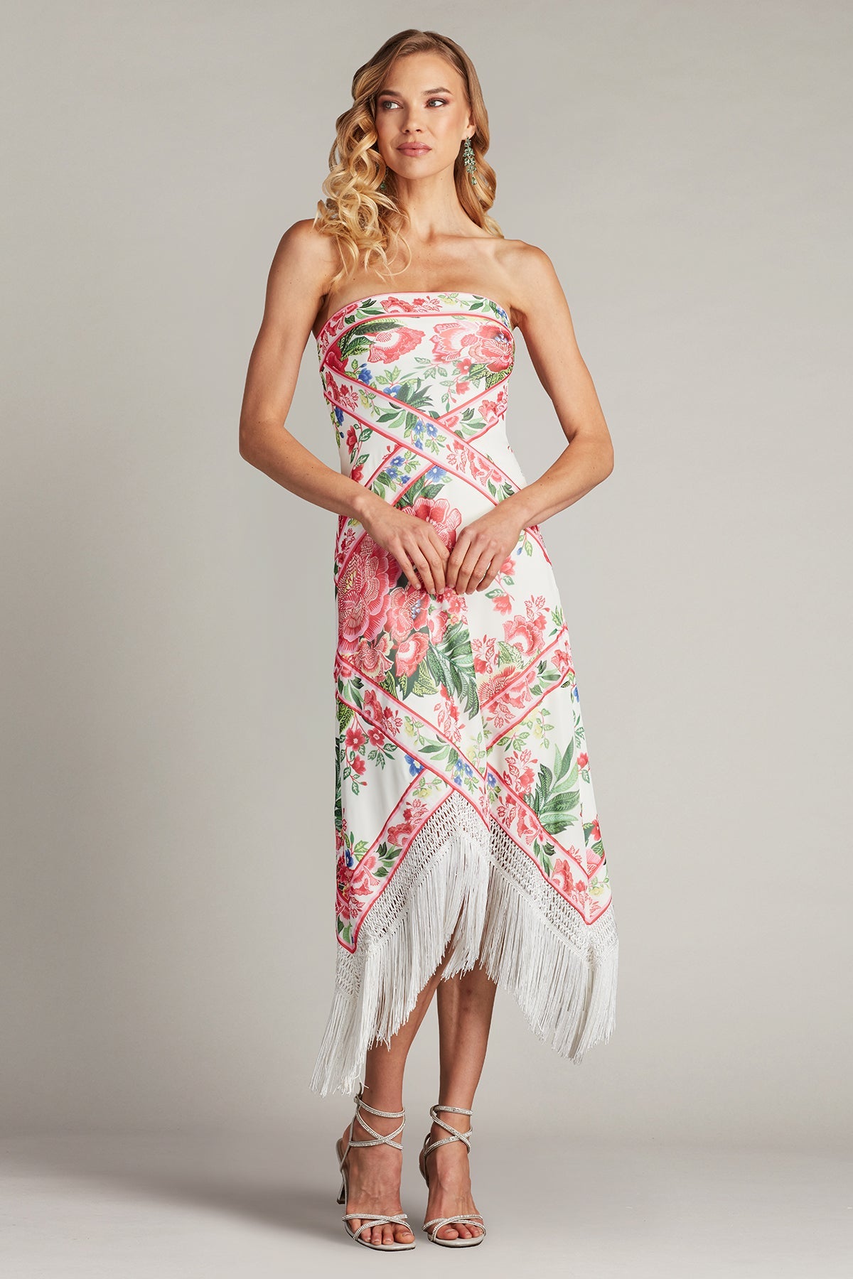 Cocktail Dresses Floral Fringe Midi Length Printed Cocktail Dress White Fuchsia Floral