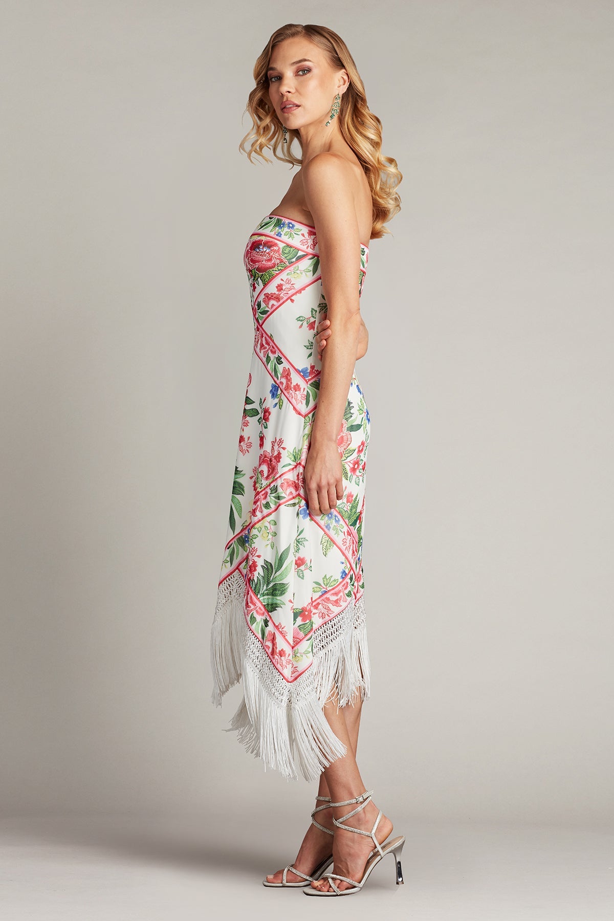 Cocktail Dresses Floral Fringe Midi Length Printed Cocktail Dress White Fuchsia Floral