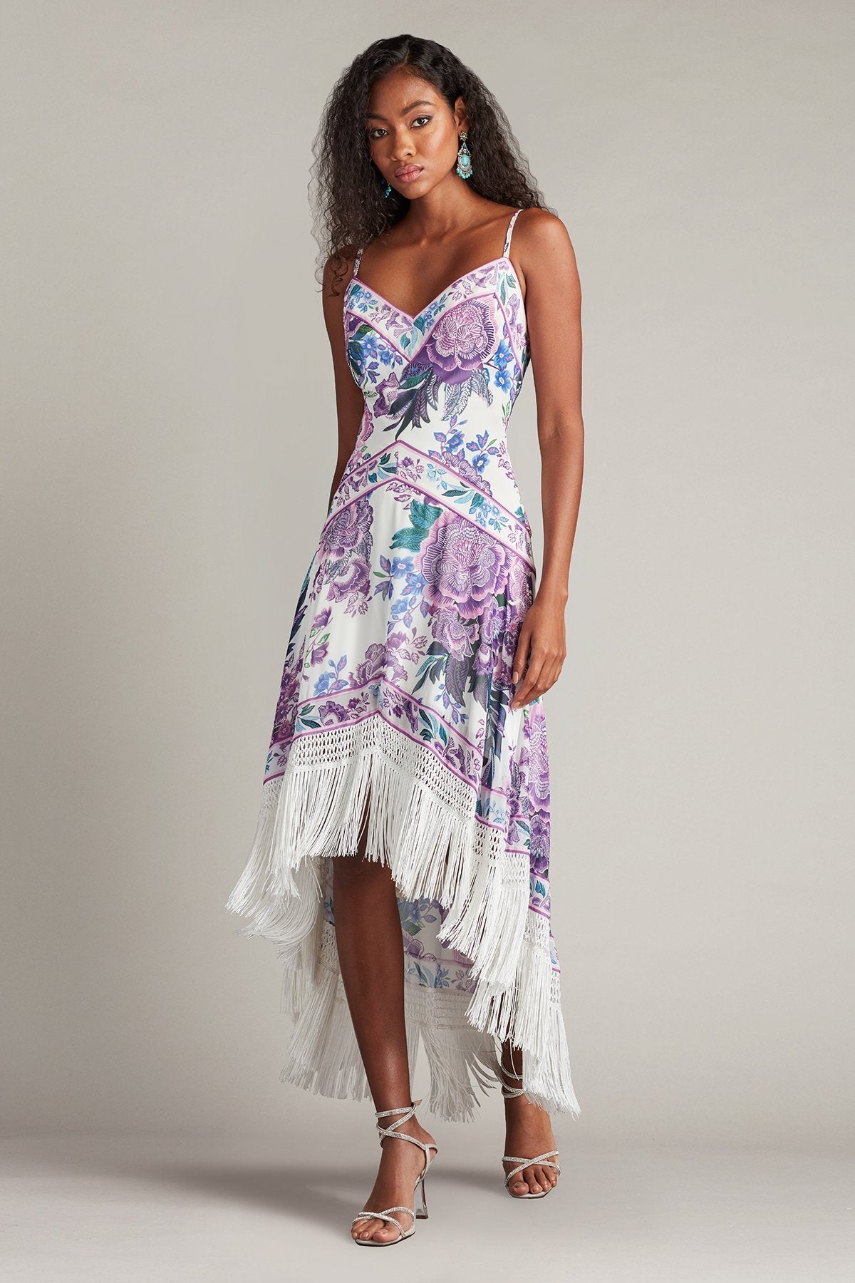 Cocktail Dresses Floral High Low Fringe Cocktail Dress White Purple Floral
