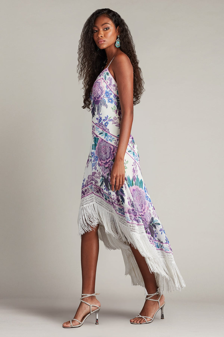 Cocktail Dresses Floral High Low Fringe Cocktail Dress White Purple Floral