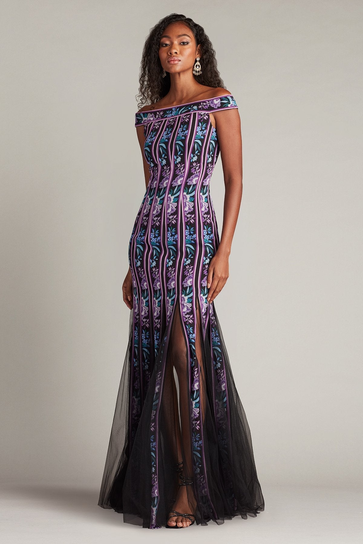 Prom Dresses Long Slit Formal Floral Prom Dress Black Purple Floral