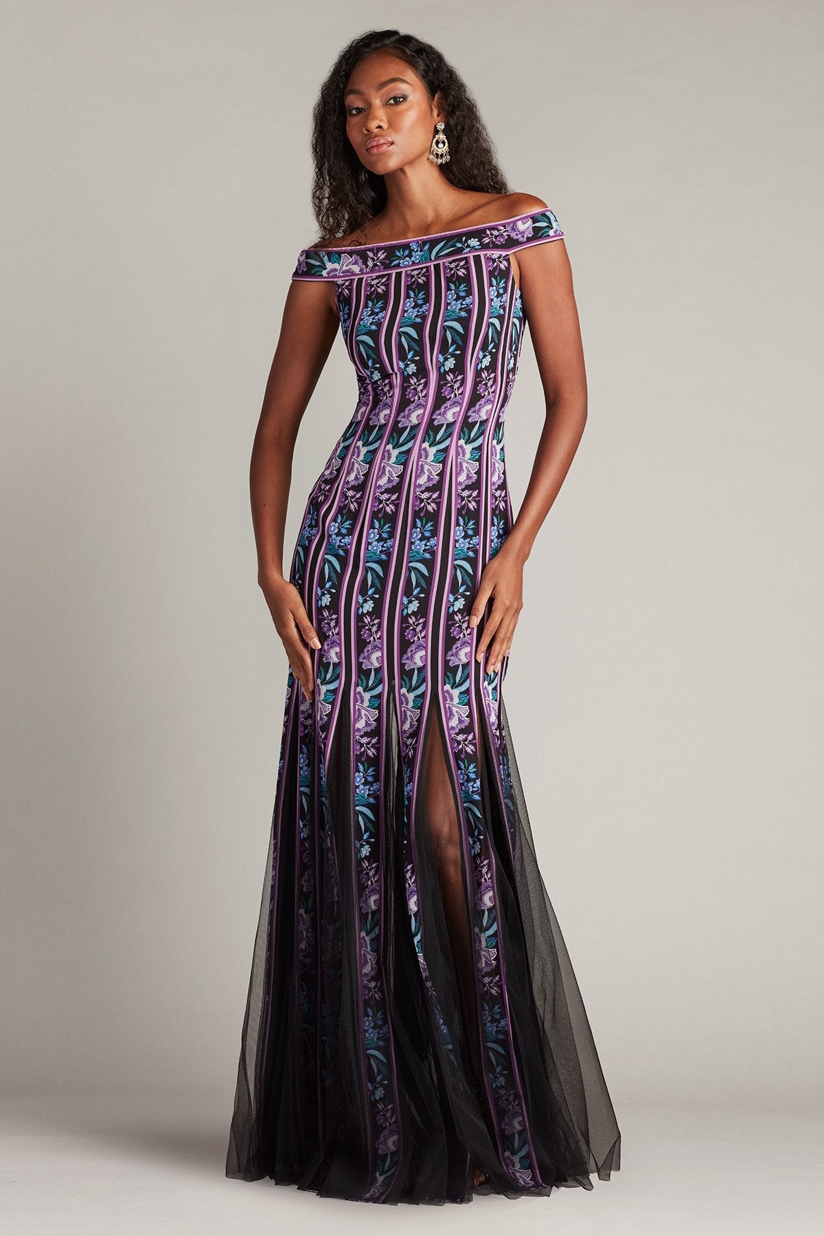 Prom Dresses Long Slit Formal Floral Prom Dress Black Purple Floral