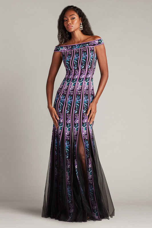 Prom Dresses Long Slit Formal Floral Prom Dress Black Purple Floral