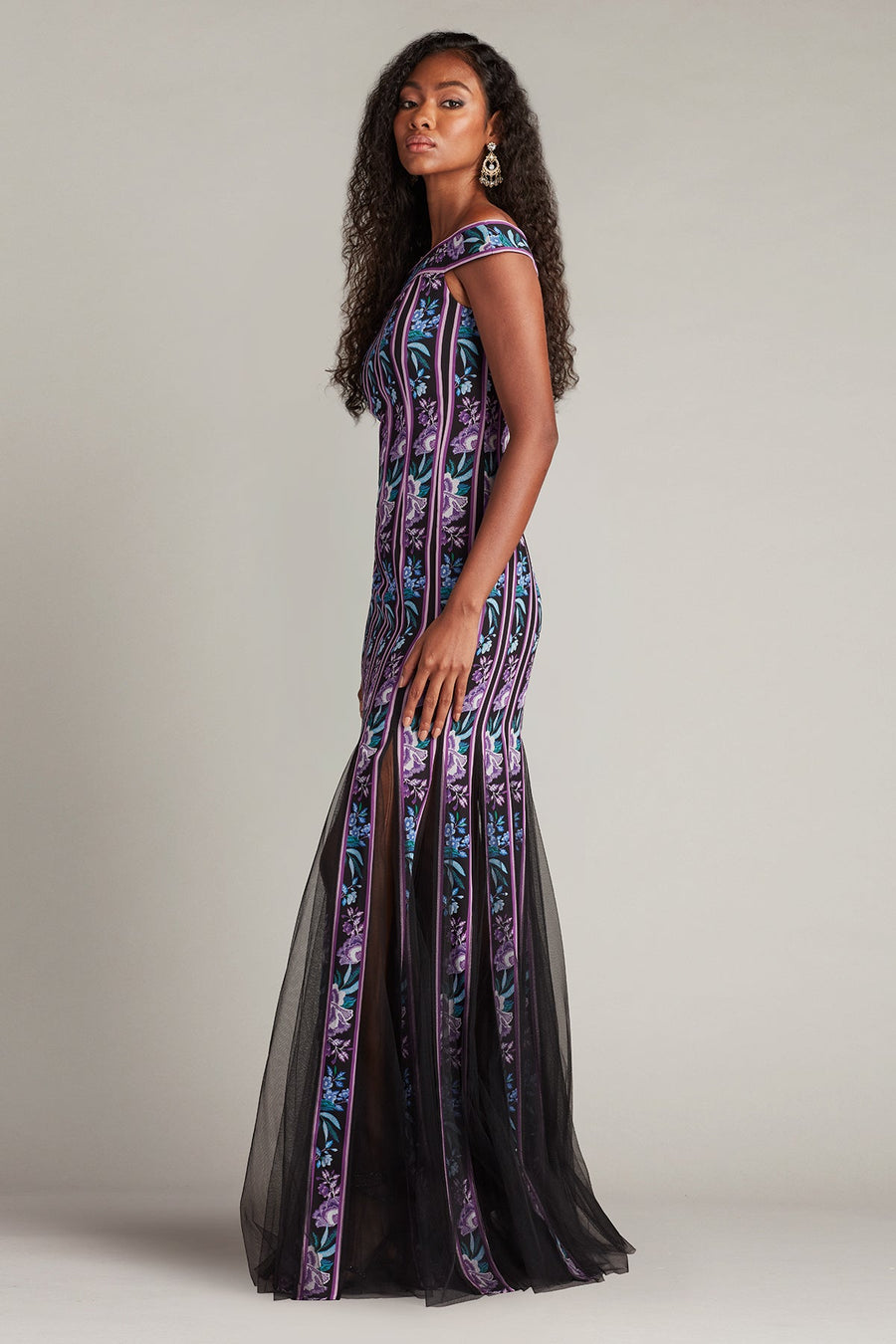 Prom Dresses Long Slit Formal Floral Prom Dress Black Purple Floral