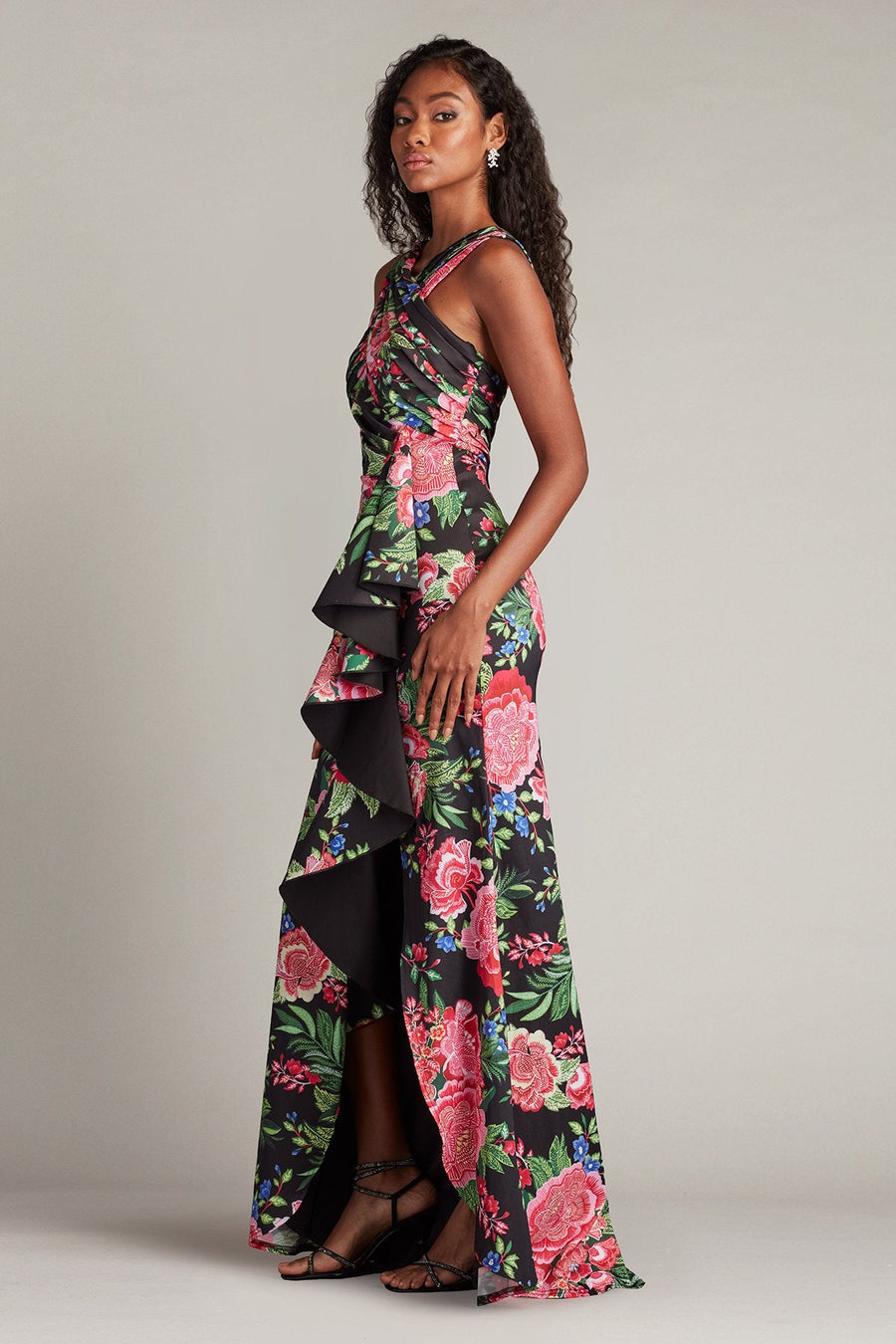 Prom Dresses Floral Printed Long Prom Ruffle Dress Black Fuchsia Floral