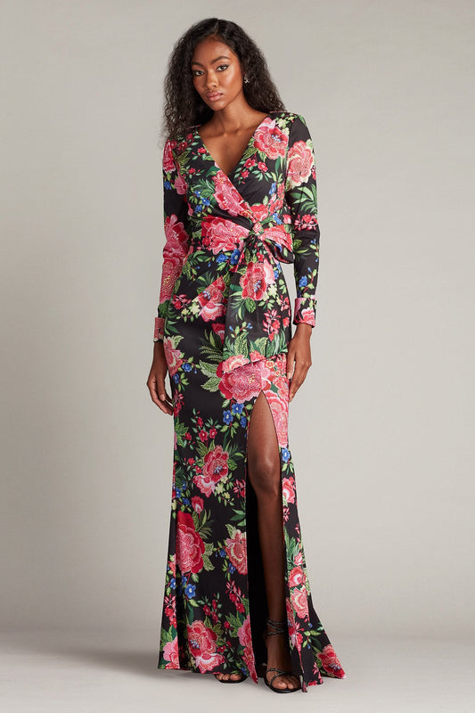 Formal Dresses Long Printed Formal Floral Dress Black Fuchsia Floral