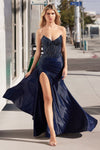 Prom Dresses Slit Long Formal Fitted Corset Prom Dress Navy