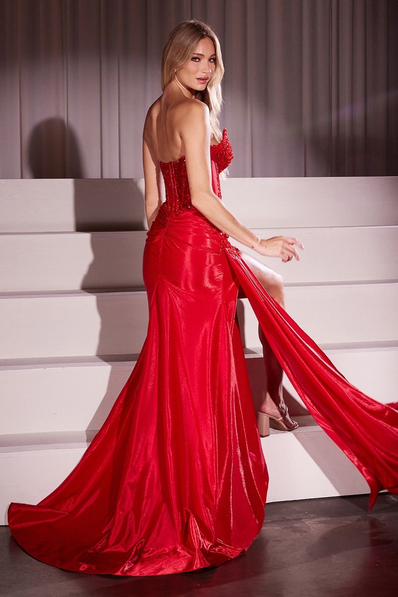 Prom Dresses Slit Long Formal Fitted Corset Prom Dress Red