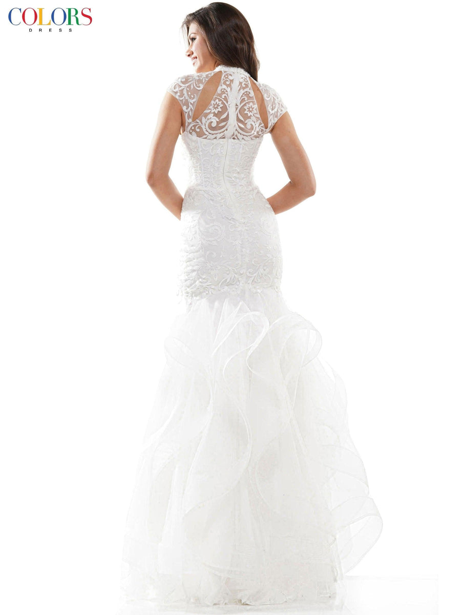 Colors Long Cap Sleeve Formal Mermaid Prom Gown 842 - The Dress Outlet