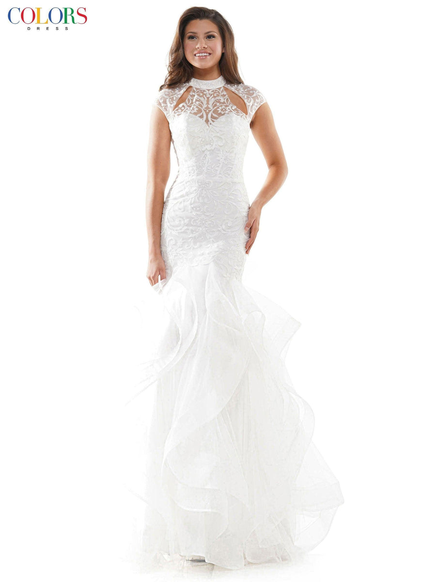 Colors Long Cap Sleeve Formal Mermaid Prom Gown Sale - The Dress Outlet