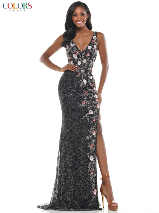 Colors Long Sleeveless Formal Floral Prom Dress 104 - The Dress Outlet