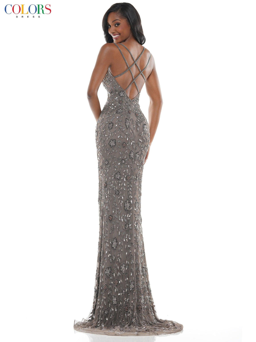 Colors Long Spaghetti Strap Beaded prom Dress 115 - The Dress Outlet