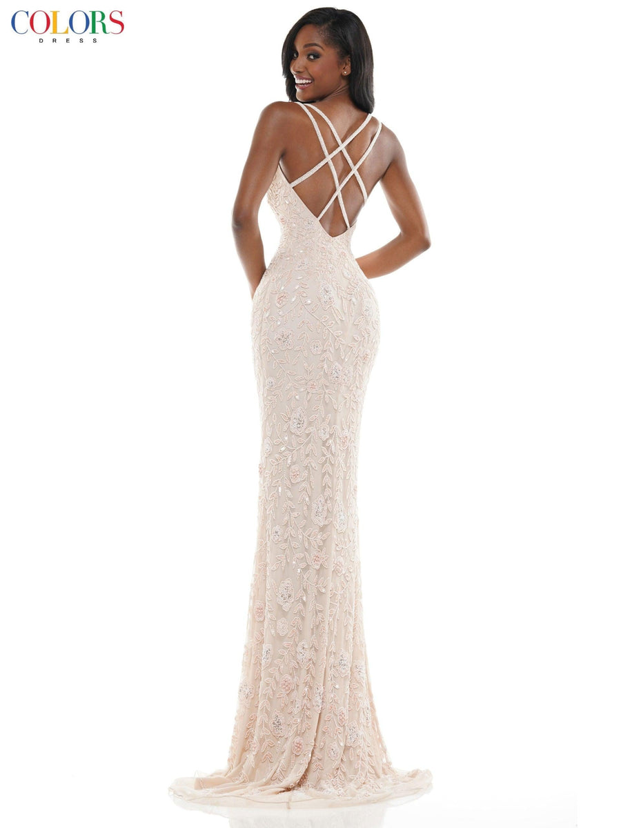 Colors Long Spaghetti Strap Beaded prom Dress 115 - The Dress Outlet