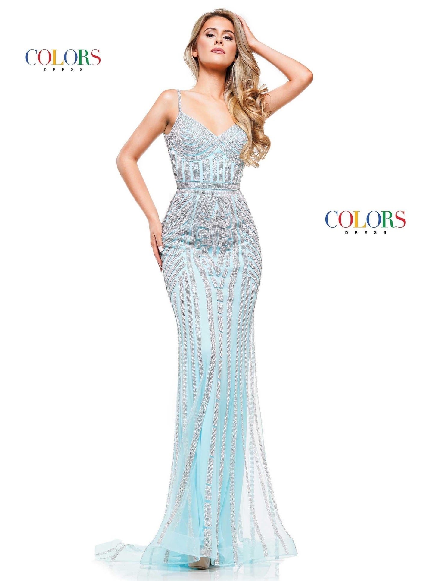 Colors Long Spaghetti Strap Beaded Prom Dress 664 - The Dress Outlet