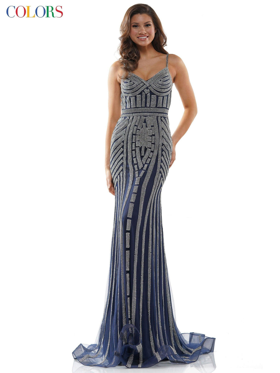Colors Long Spaghetti Strap Beaded Prom Dress 664 - The Dress Outlet