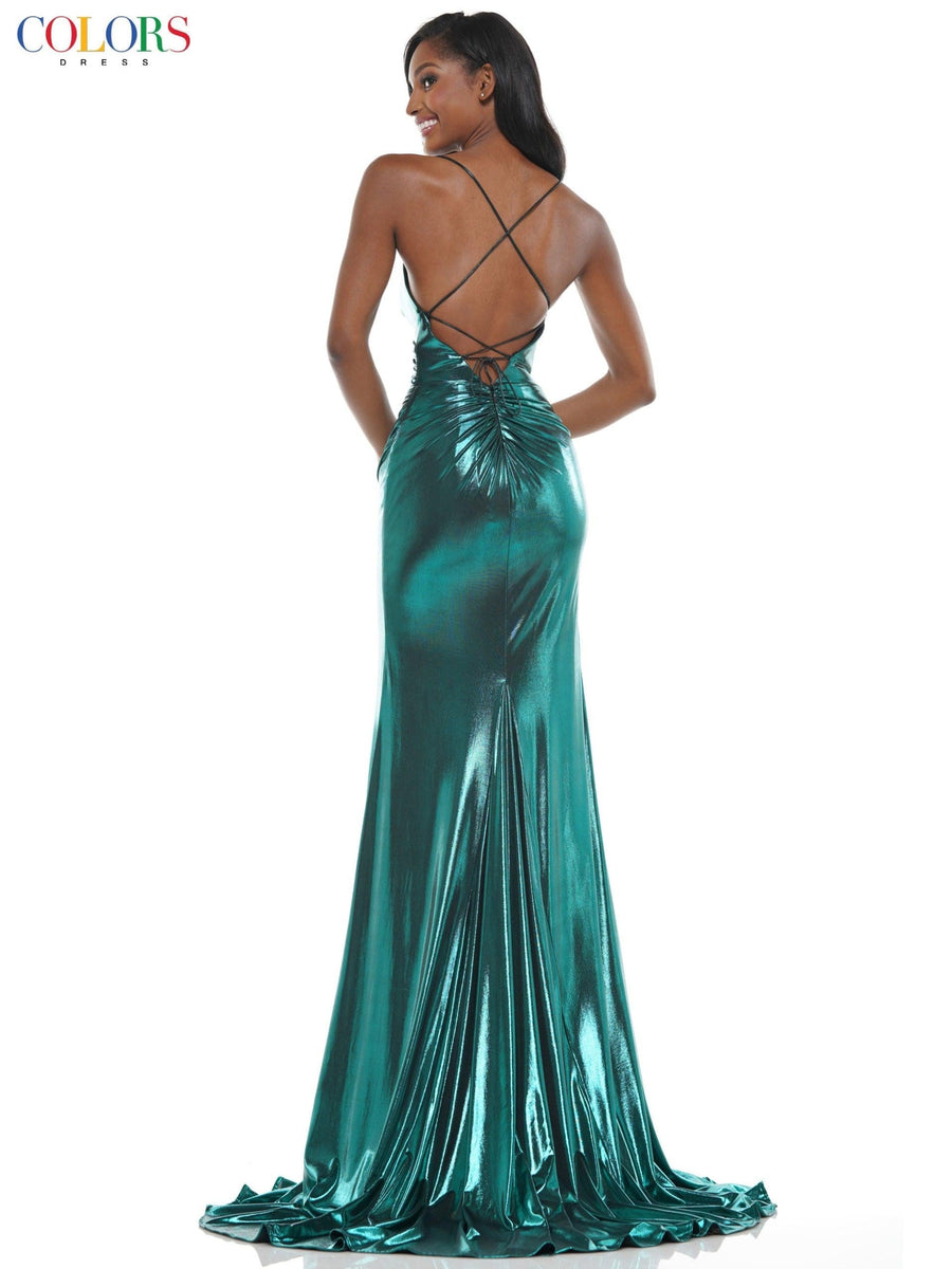 Colors Long Spaghetti Strap Metallic Prom Gown 2635 - The Dress Outlet