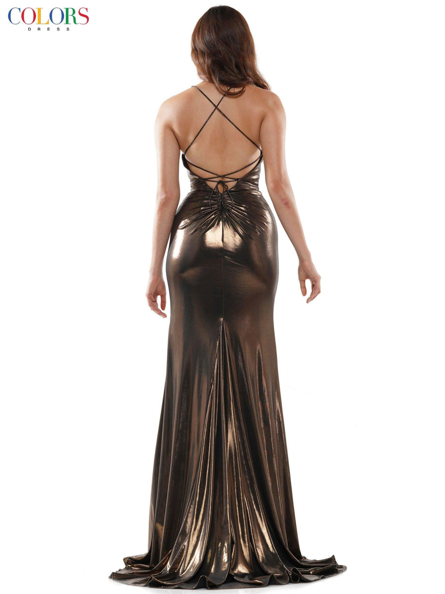 Colors Long Spaghetti Strap Metallic Prom Gown 2635 - The Dress Outlet