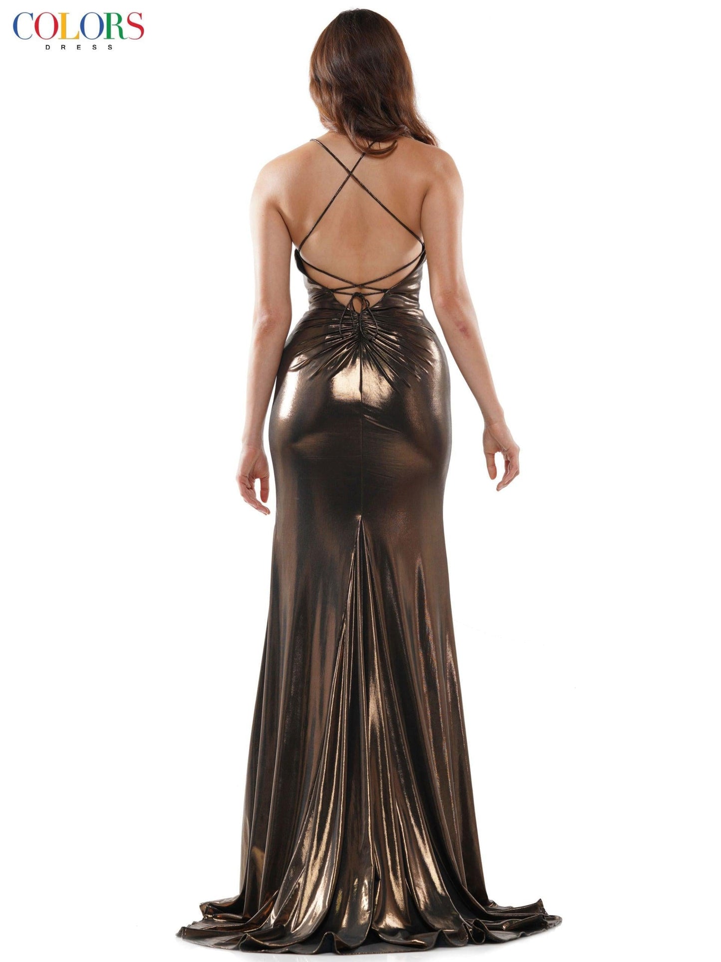 Colors Long Spaghetti Strap Metallic Prom Gown 2635 - The Dress Outlet