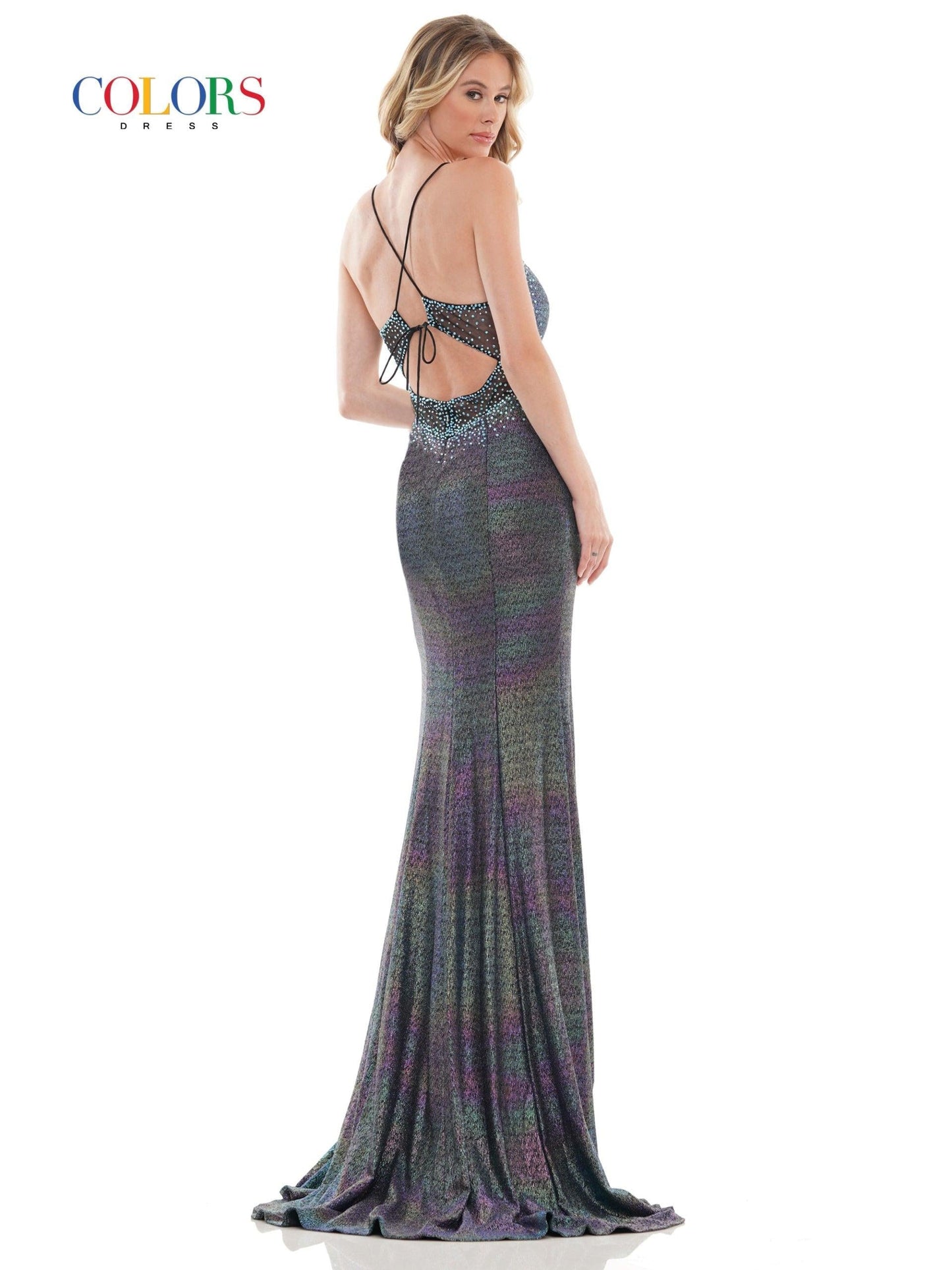 Colors Long Spaghetti Strap Metallic Prom Gown 2669 - The Dress Outlet