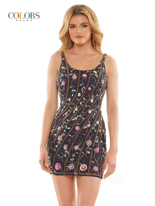 Colors Short Cocktail Beaded Floral Dress 2903 - The Dress Outlet