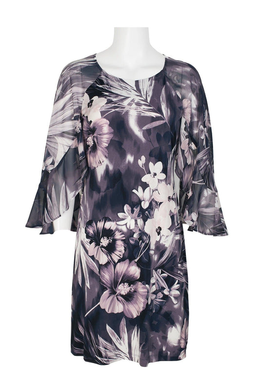 Connected Apparel Short 3/4 Sleeve Chiffon Dress - The Dress Outlet