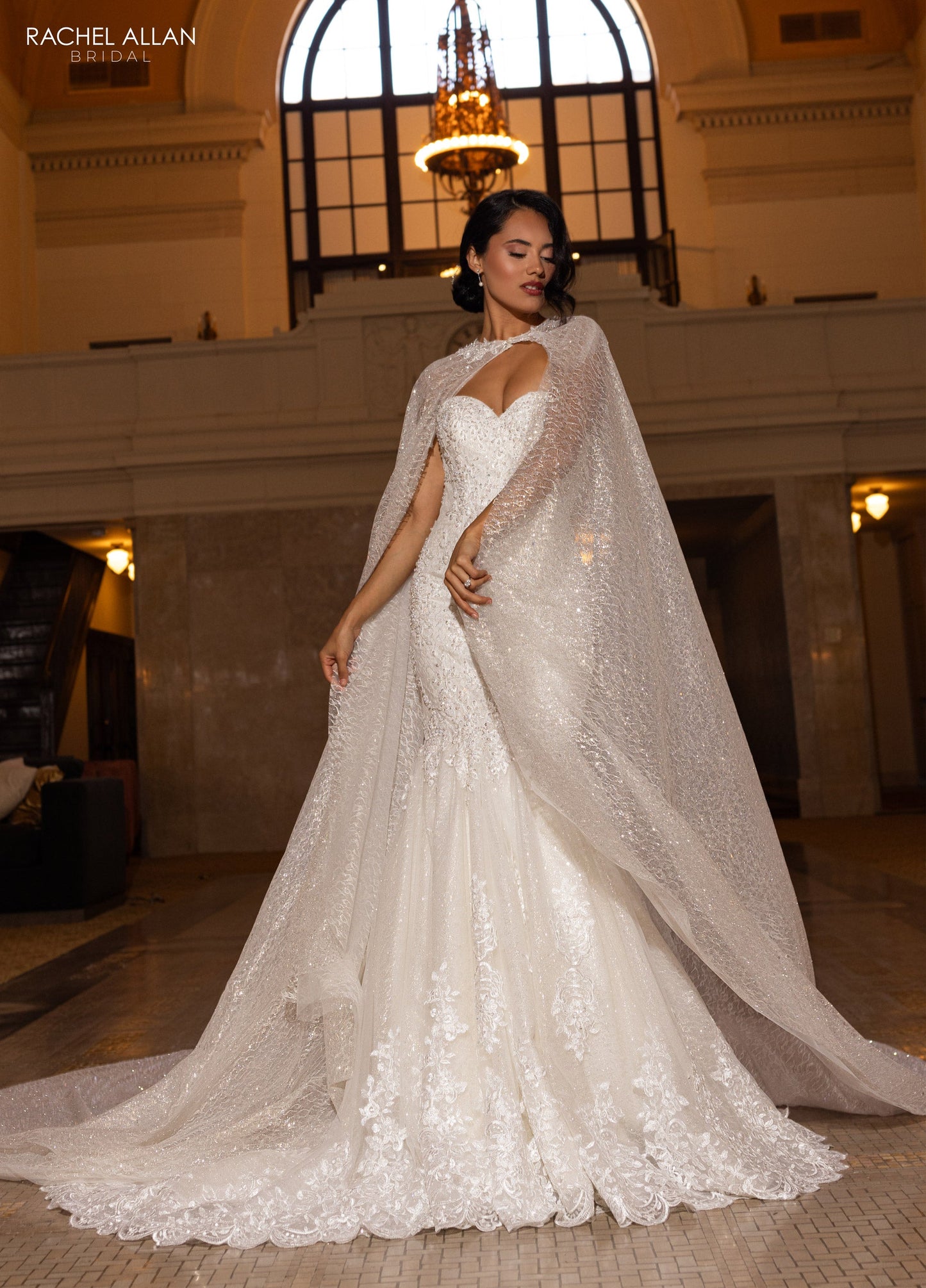 Wedding Dresses Glitter Long Mermaid Detachable Cape Wedding Dress Ivory