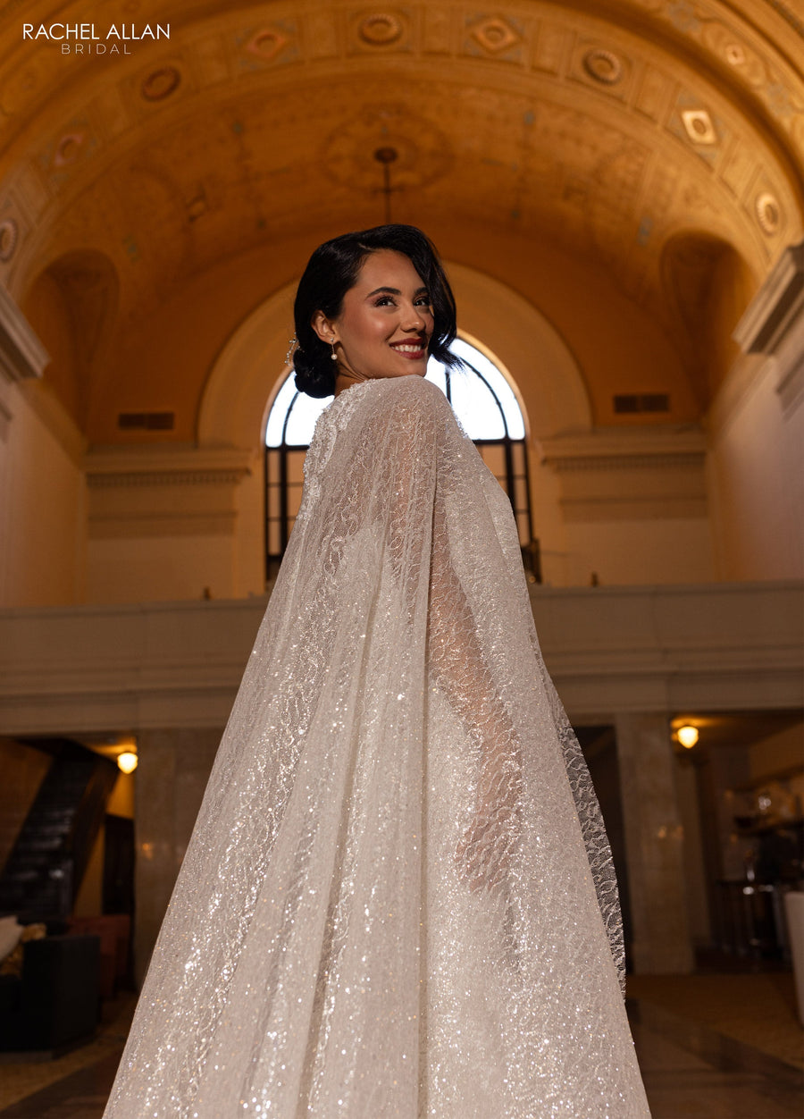 Wedding Dresses Glitter Long Mermaid Detachable Cape Wedding Dress Ivory