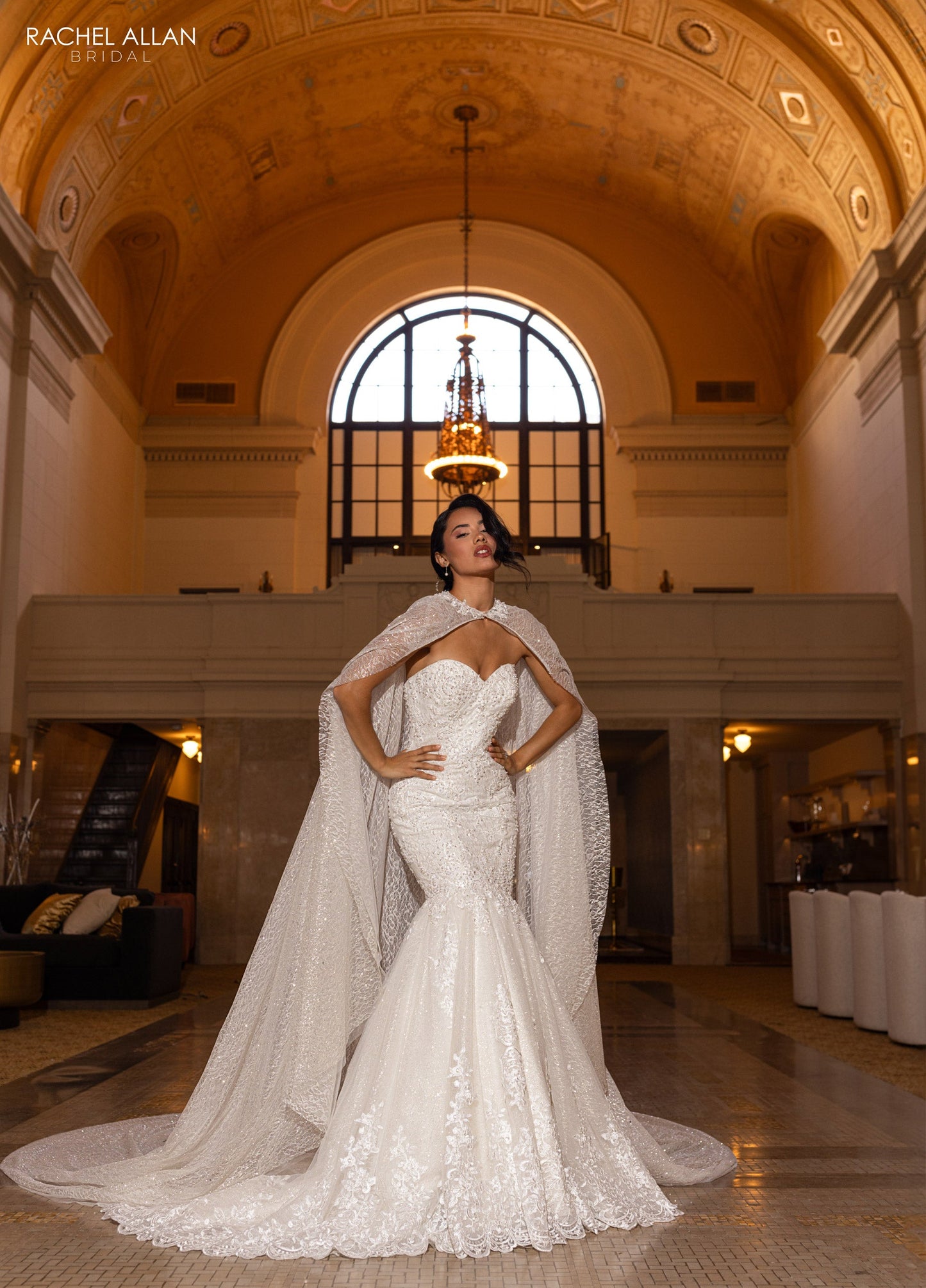 Wedding Dresses Glitter Long Mermaid Detachable Cape Wedding Dress Ivory