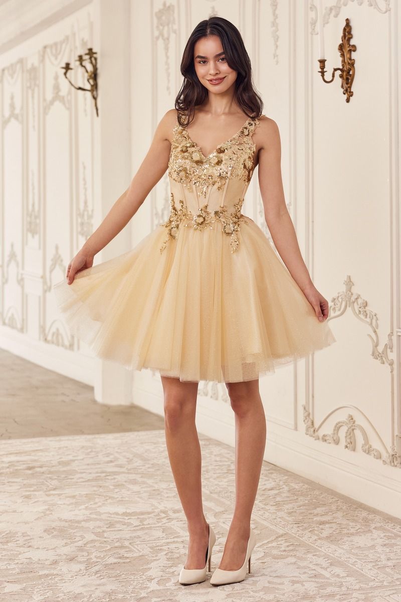 Cocktail Dresses Homecoming Short Sequin Applique Cocktail Dress Champagne